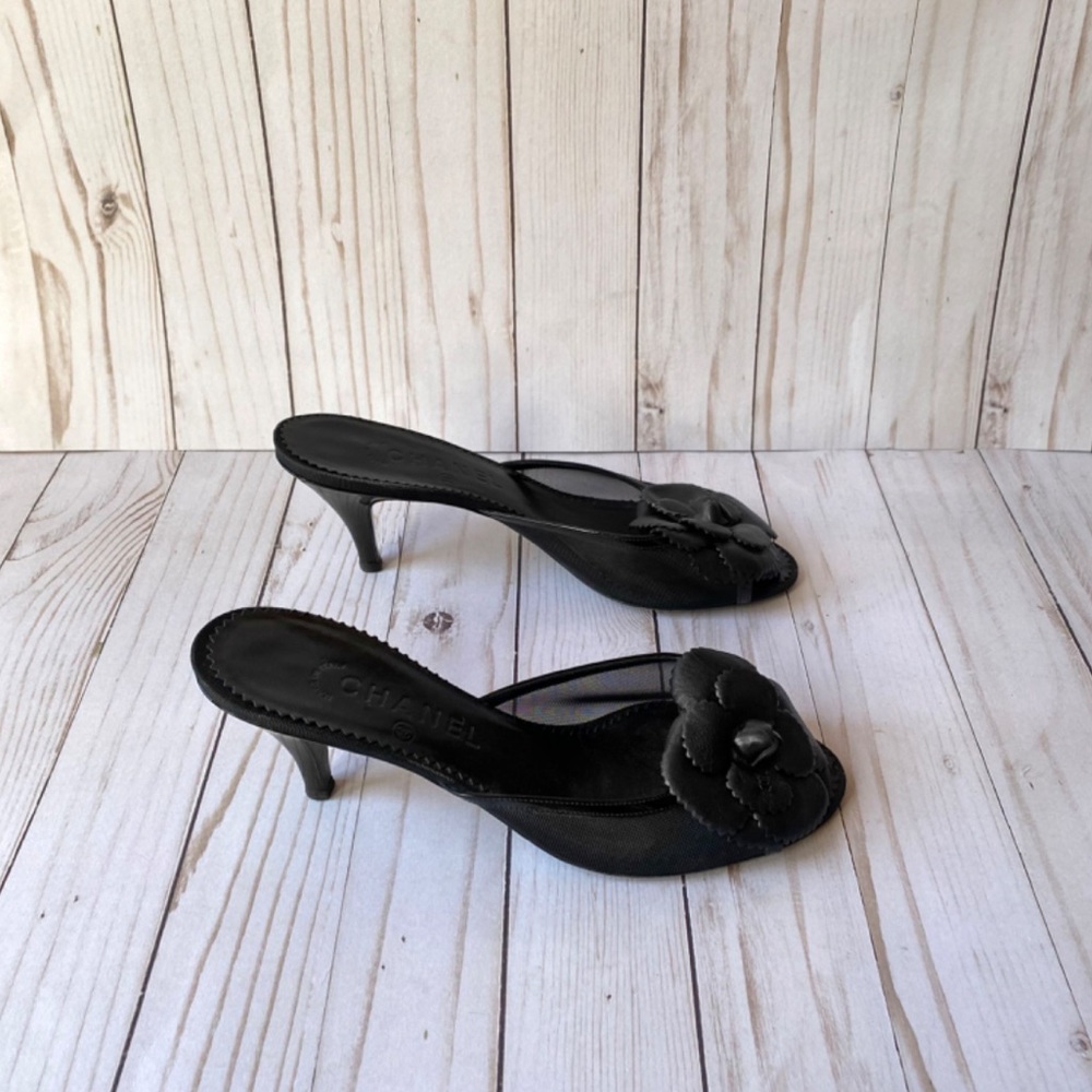 Authentic Chanel Leather Camellia Flower Slides